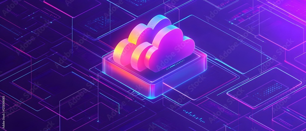 Poster a vibrant, neon cloud icon set against a futuristic digital backdrop, representing cloud computing s