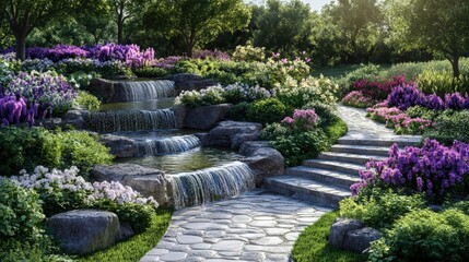 Serene Garden Path with Cascading Waterfalls and Blooming Flowers in Sunlight