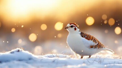 A beautiful bird standing on a snowy field, illuminated by the warm glow of the sunset. The scene captures the essence of winter serenity and nature's delicate beauty.
