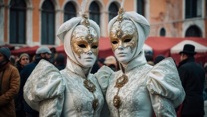 Two women dressed in intricate white Venetian costumes with golden masks, standing in a crowded square in Italia