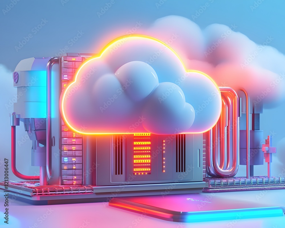 Poster a vibrant futuristic cloud computing setup featuring glowing elements, symbolizing innovation and di