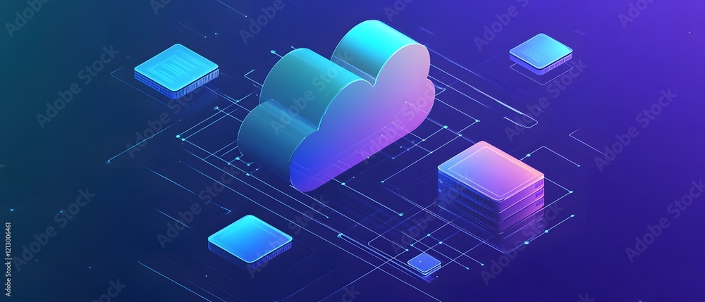 Poster a vibrant illustration of cloud computing, featuring a stylized cloud and data blocks. the design sh