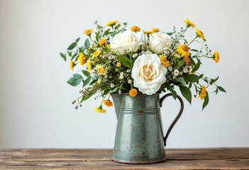 A charming floral arrangement featuring a mix of white roses and vibrant yellow flowers, all nestled within a rustic, antique-toned gray pitcher