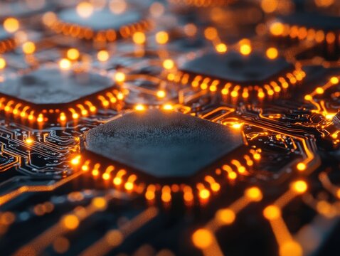 Illuminated Circuit Board: Exploring the Intricate Pathways of Technology's Microcosm with Glowing Connections and Complex Designs, Revealing the Beauty of Modern Electronics.