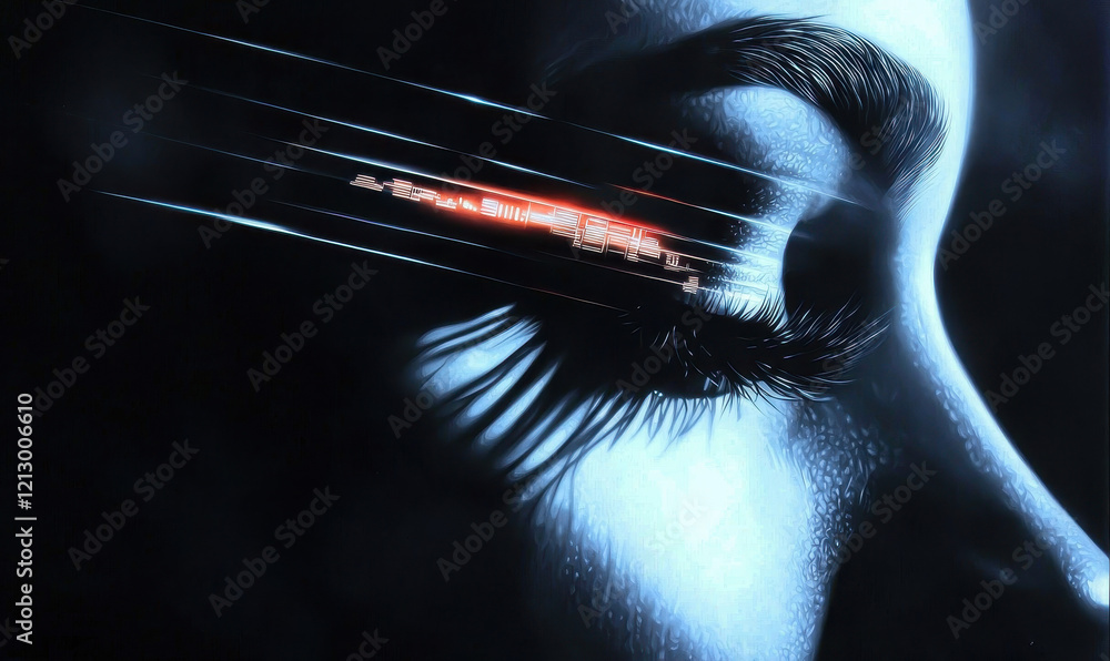 Poster visionary digital interface: futuristic exploration of cybernetic eye and luminescent technology in 