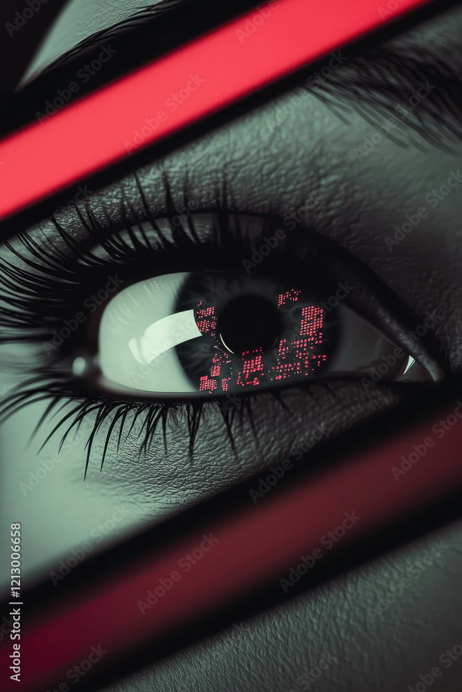 Poster futuristic cyber eye capturing reflections of digital data in a technological interface with neon li