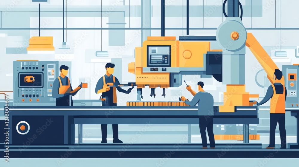Poster workers operating machinery in a factory production line with robotic arm equipment and control pane