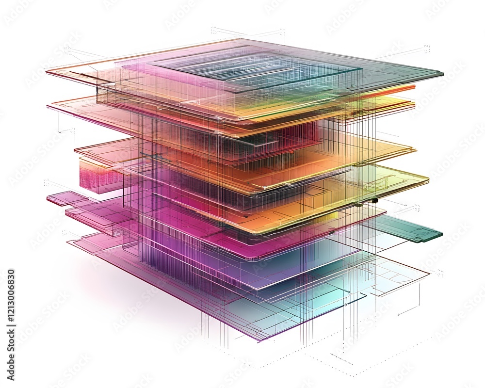 Aufkleber abstract illustration of layered digital blocks in vibrant colors, symbolizing innovation and advanc