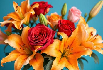 Fototapeta premium Close-up of a beautiful bouquet featuring a mix of vibrant orange lilies and red roses, with hints of peach-colored roses