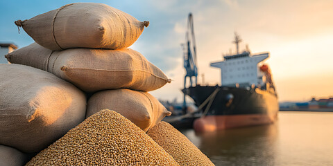 Grain sacks piled high at a harbor, a cargo ship in the background at sunset.