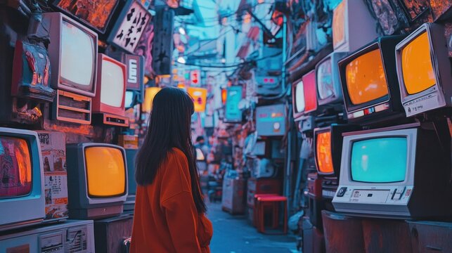 Dimly lit room with a vintage television and vibrant neon glow. A warm and moody setting capturing the essence of 90s nostalgia and throwback culture.