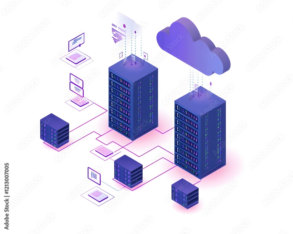 Poster an abstract illustration showcasing data centers connecting with cloud computing. vibrant colors emp