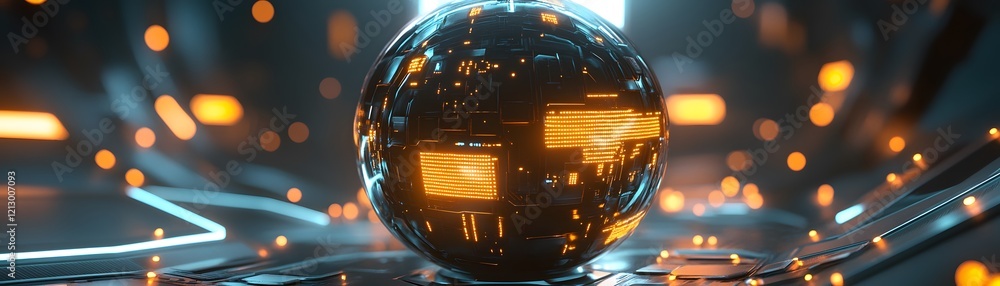 Poster an abstract representation of a futuristic, glowing sphere surrounded by intricate patterns of light