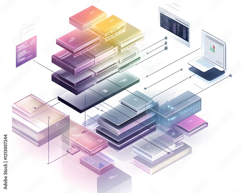 Aufkleber an abstract representation of modern technology, showcasing layered systems, data flow, and digital 