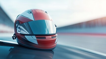 Obraz premium close-up of helmet resting on hood of race car visor reflecting light with blurred track backdrop