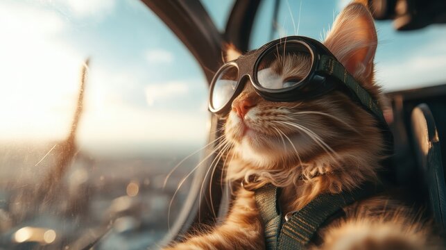 A charming cat adorned in aviator goggles gazes out as it prepares for an exhilarating flight, perfectly capturing a blend of whimsy and courage.