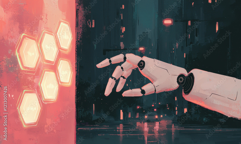 Poster futuristic robotic arm interacting with glowing hexagonal interface in a digital urban nightscape
