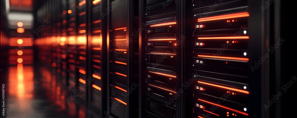 Poster an up-close view of modern server hardware in a data center, showcasing intricate designs and glowin