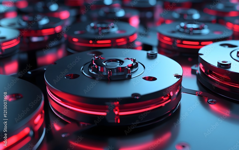 Poster close-up view of futuristic circular technology with a glowing red outline. this image captures the 
