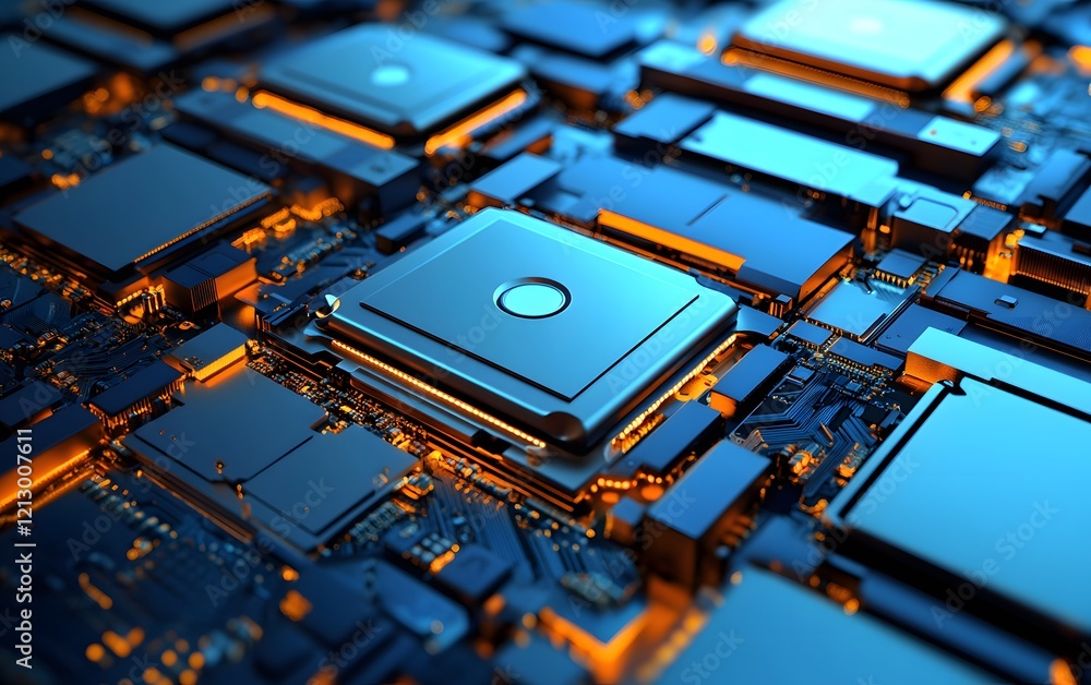 Poster close-up view of computer processors and circuit boards showcasing intricate details and vibrant col