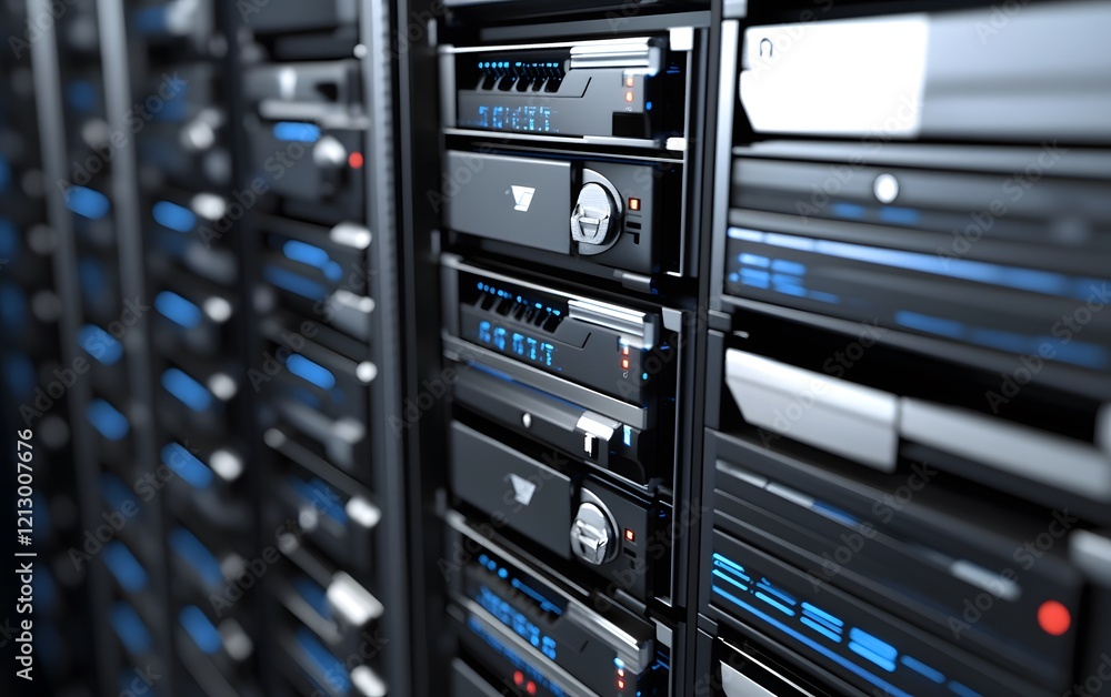 Poster close-up view of modern server equipment in a data center, showcasing advanced technology and effici