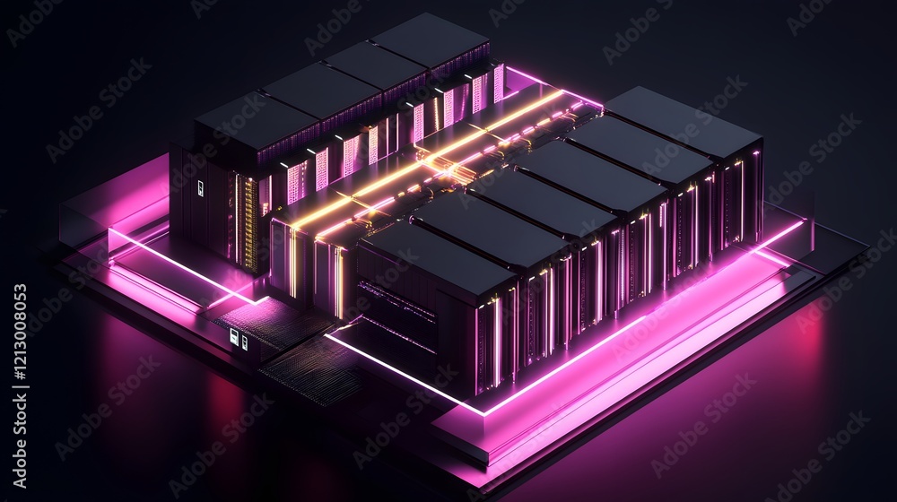 Poster futuristic server architecture featuring sleek black servers with glowing neon lights, showcasing ad