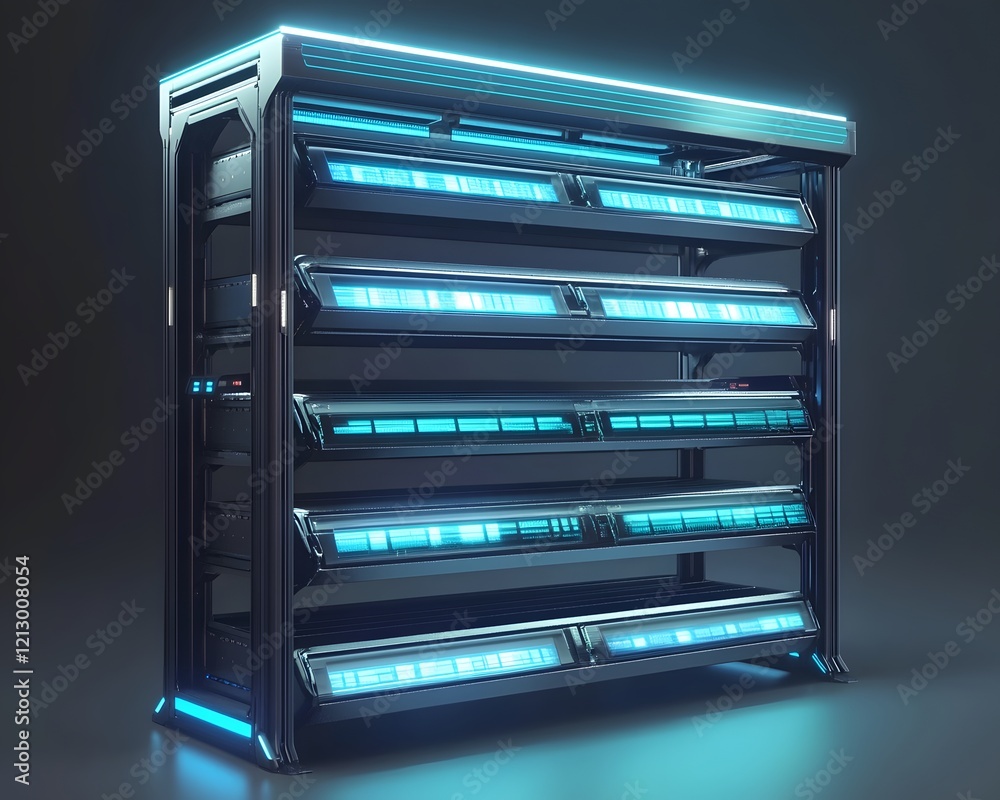 Poster futuristic server rack with blue led lighting, showcasing advanced technology in data storage and ne