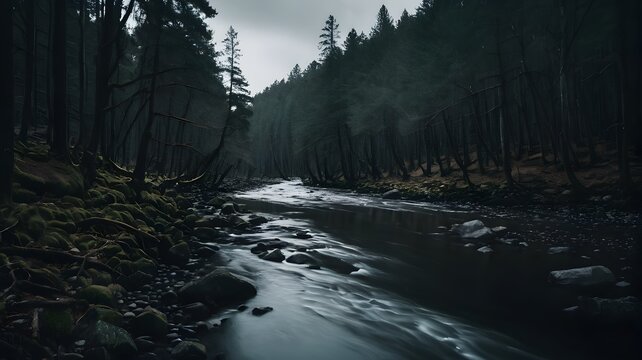 River and Coniferous Forest Landscape