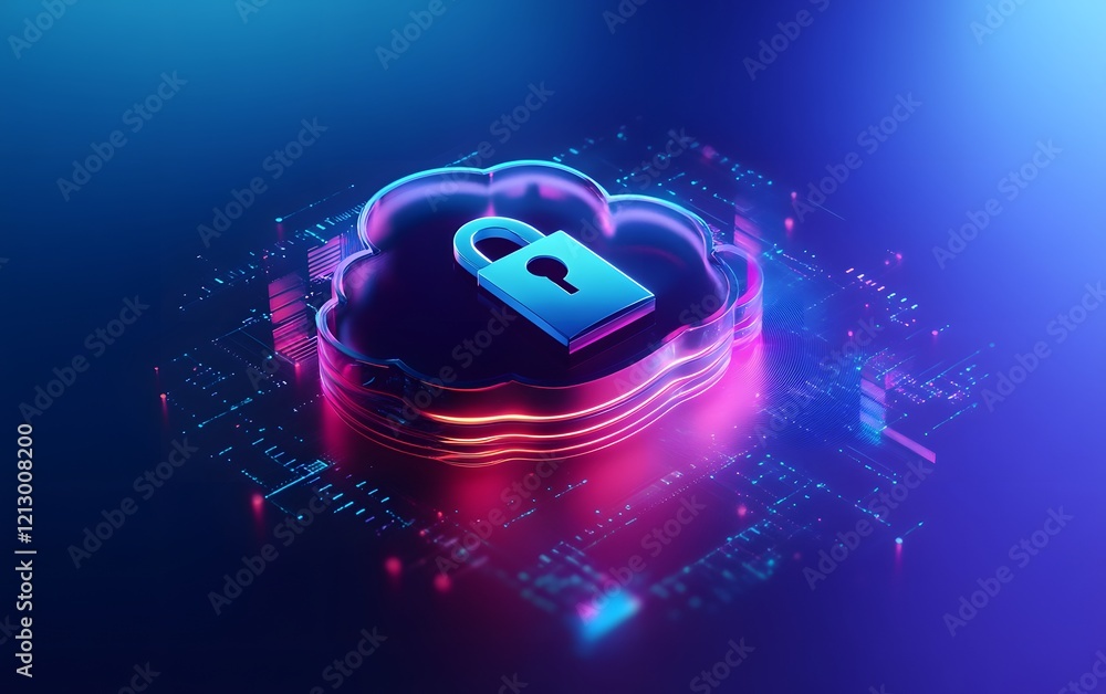 Poster this digital illustration depicts a cloud computing concept with a lock symbol, highlighting data se