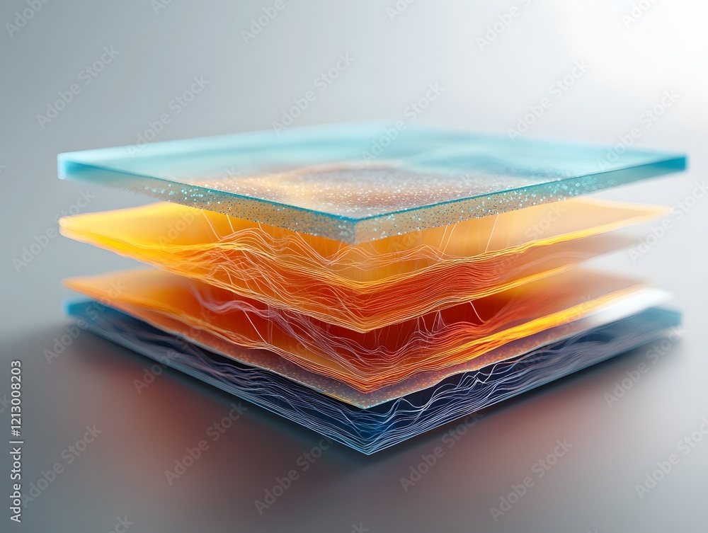 Poster this abstract image showcases layered sheets of colorful translucent material, highlighting the inte