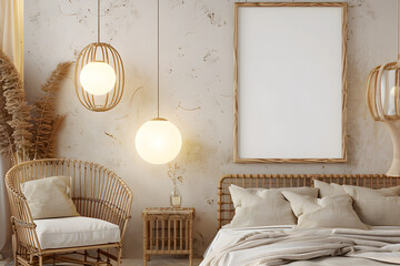  Cozy mock-up frame displayed in a serene bedroom interior, featuring natural rattan furniture, warm lighting, soft textures, inviting atmosphere, 3D render. generative ai.