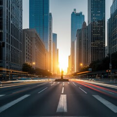 Fototapeta premium Urban canyon, Manhattan skyscrapers, golden hour sunlight, long exposure traffic trails, symmetrical city street, dramatic perspective, towering buildings, reflective glass facades, warm sunset glow, 