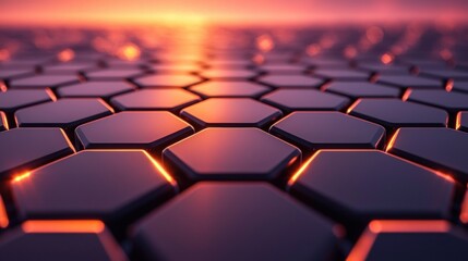 Hexagonal surface at sunset with glowing edges.