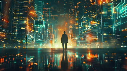 A lone figure stands in a futuristic city landscape