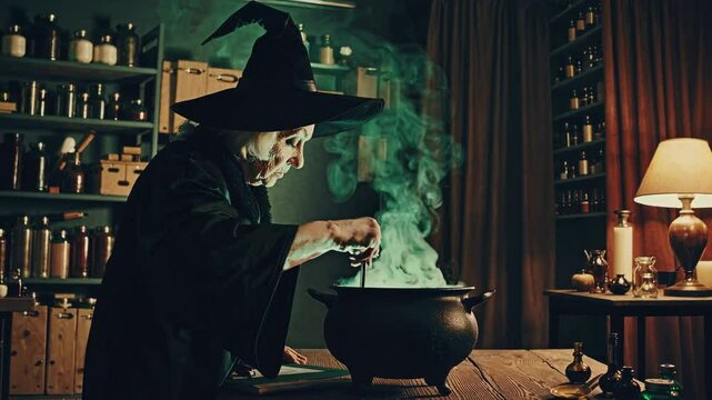 Witch preparing potion in dimly lit workshop