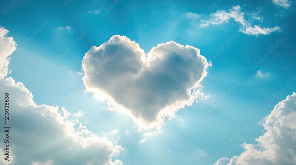 Poster heart shaped cloud floating in a blue sky with sun rays piercing through creating a beautiful scener