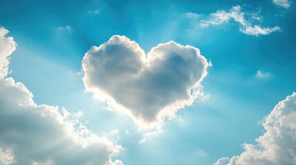 Heart shaped cloud floating in a blue sky with sun rays piercing through creating a beautiful scenery