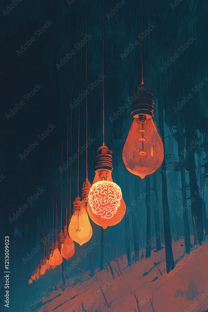 Poster captivating surreal image of illuminated bulbs symbolizing creativity and mindfulness in a dreamlike