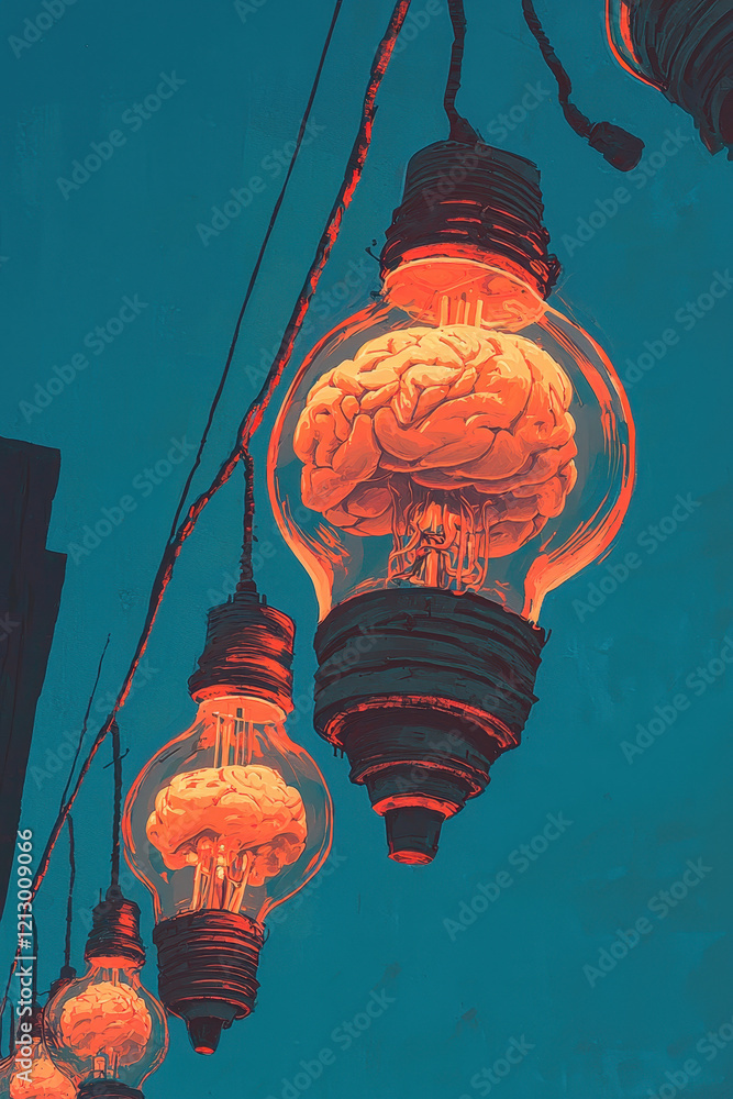 Poster conceptual artwork depicting brain as source of enlightenment illuminating ideas in futuristic light