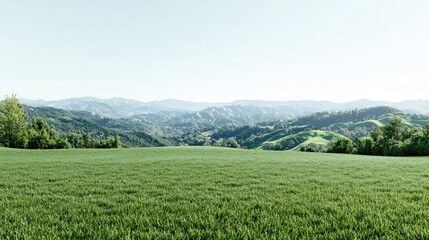 Fototapeta premium Serene mountain vista, green field foreground, peaceful landscape, ideal for travel brochures