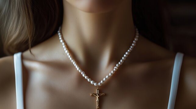 A woman gracefully wears a delicate pearl necklace adorned with a golden crucifix pendant, the soft pearls contrasting with the pendant's warm glow.