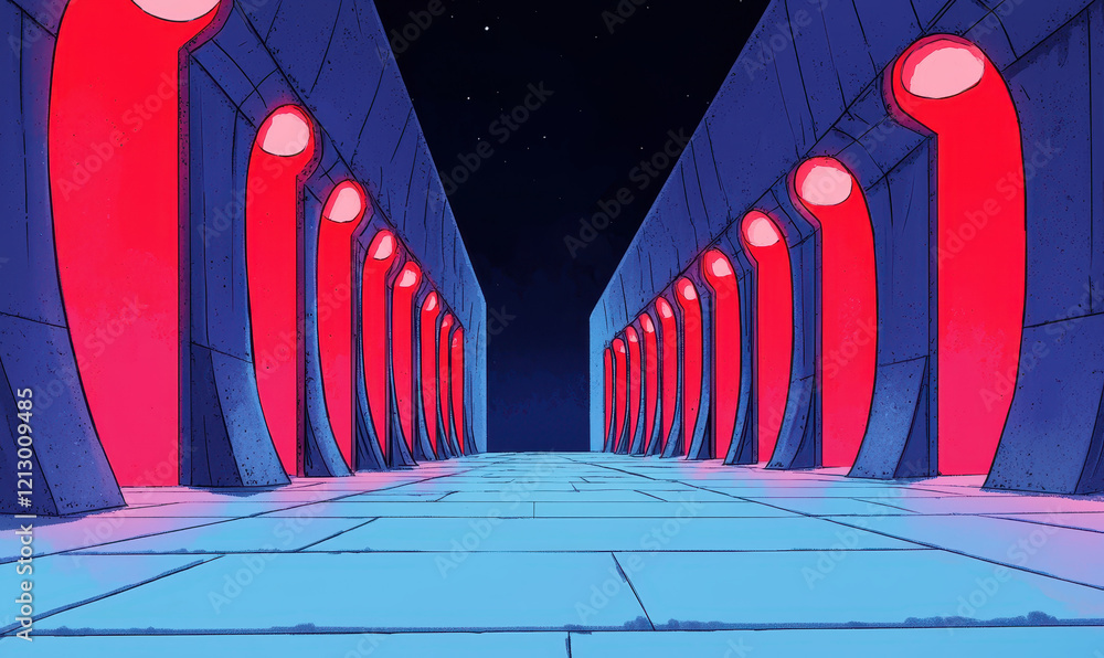 Aufkleber futuristic architectural corridor with striking neon lights creating a symmetrical and geometric pat