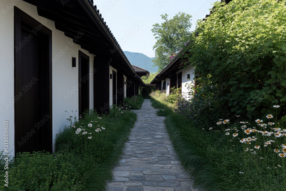 Poster a long path with a row of houses on either side