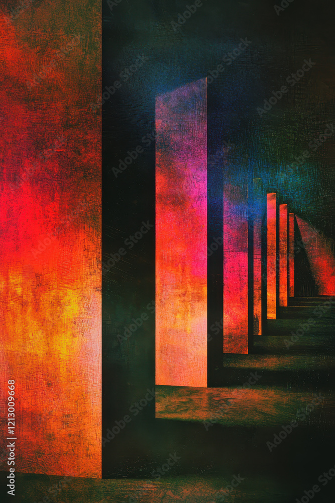 Poster dynamic abstract geometric art with vibrant colors and textures in a modern conceptual design