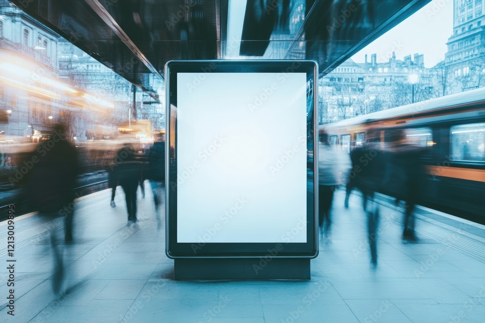 Poster creative image of empty poster displayed inside station with blurred commuters in background
