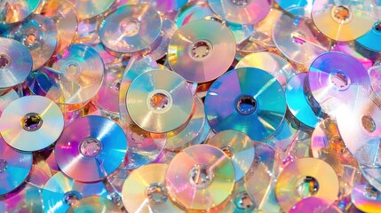 Close-up of numerous CDs and DVDs with holographic effects, highlighting their iridescent and reflective textures for a retro-futuristic vibe.