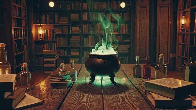 Enchanted kitchen with a glowing potion during twilight
