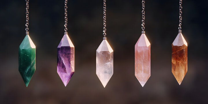 Five colorful crystal pendulums hanging against a dark background.  Each pendulum displays a unique color and texture.