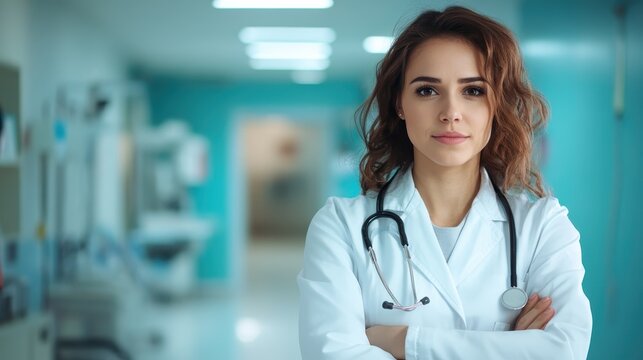 A confident female doctor stands in a clinical environment, exuding professionalism and compassion, embodying the dedication and expertise of healthcare providers today.