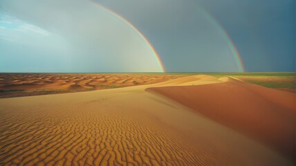 Naklejka premium Double Rainbow over Sand Dunes and Green Plane